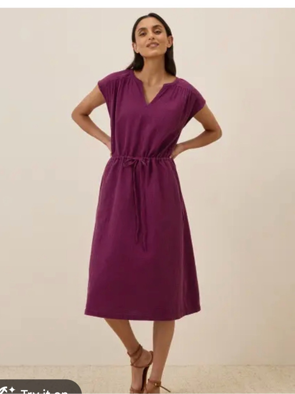 PACT Organic Cotton Coastal Double Gauze Tie Waist Midi Dress Sz small plum